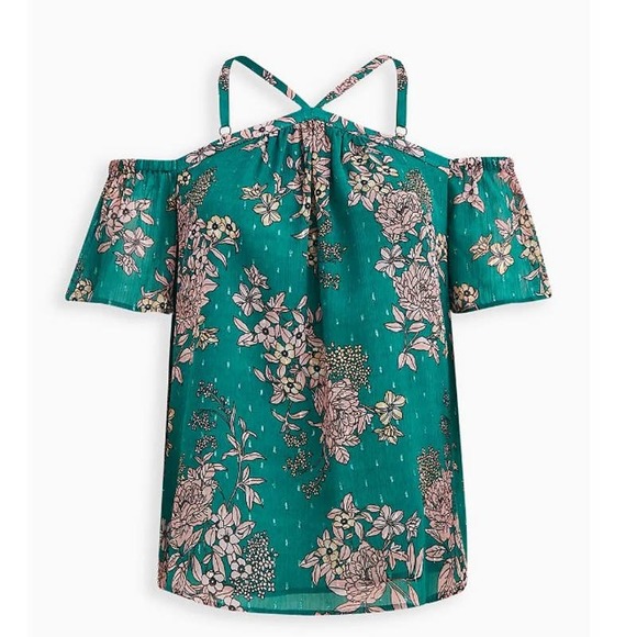 torrid Tops - Torrid size 3 Cold Shoulder Halter Top - Crinkle Chiffon Floral Green